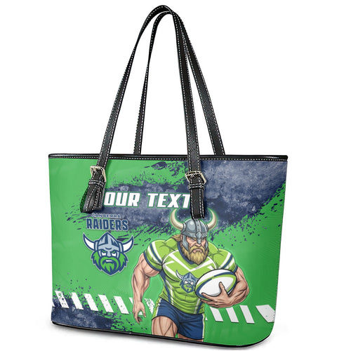 Personalised Canberra Raiders Rugby Leather Tote Bag Viking Green Machine Mascot - Sporty Splash Art Style