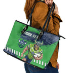 Personalised Canberra Raiders Rugby Leather Tote Bag Viking Green Machine Mascot - Sporty Splash Art Style