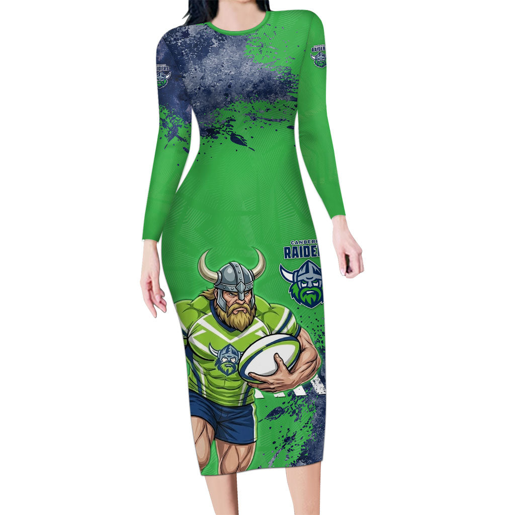 Personalised Canberra Raiders Rugby Long Sleeve Bodycon Dress Viking Green Machine Mascot - Sporty Splash Art Style