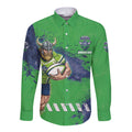 Personalised Canberra Raiders Rugby Long Sleeve Button Shirt Viking Green Machine Mascot - Sporty Splash Art Style