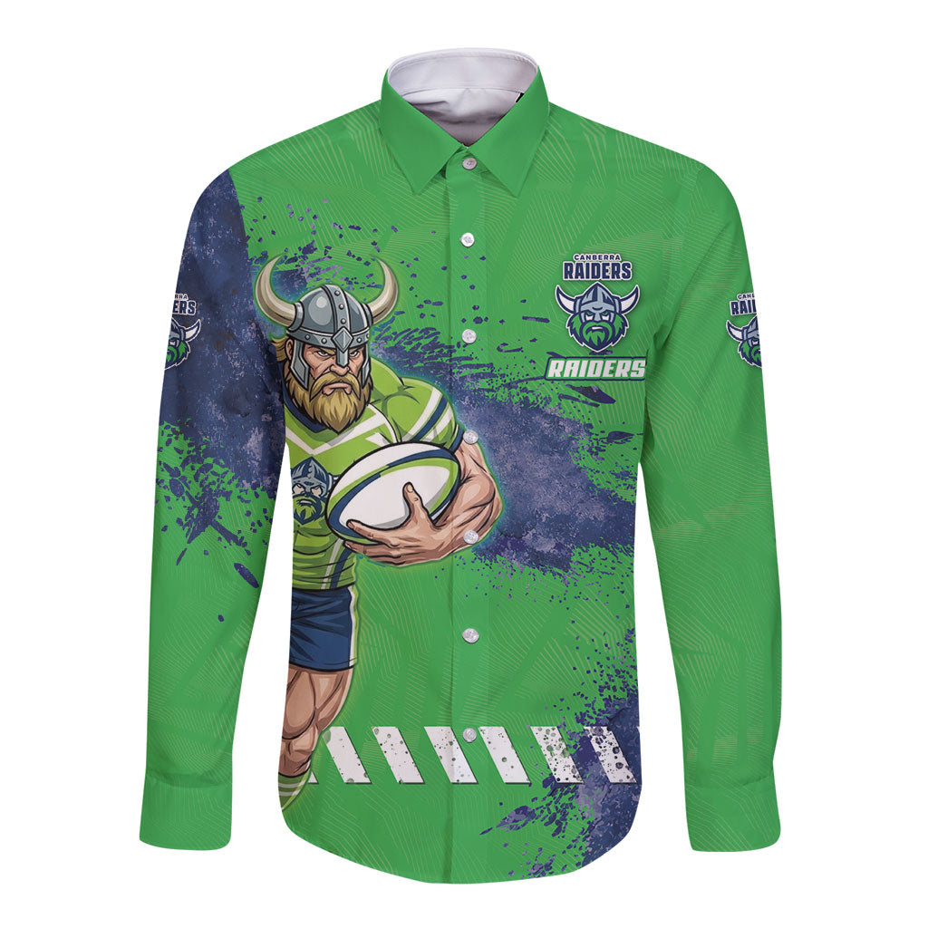 Personalised Canberra Raiders Rugby Long Sleeve Button Shirt Viking Green Machine Mascot - Sporty Splash Art Style