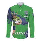 Personalised Canberra Raiders Rugby Long Sleeve Button Shirt Viking Green Machine Mascot - Sporty Splash Art Style