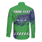 Personalised Canberra Raiders Rugby Long Sleeve Button Shirt Viking Green Machine Mascot - Sporty Splash Art Style