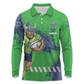 Personalised Canberra Raiders Rugby Long Sleeve Polo Shirt Viking Green Machine Mascot - Sporty Splash Art Style