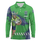 Personalised Canberra Raiders Rugby Long Sleeve Polo Shirt Viking Green Machine Mascot - Sporty Splash Art Style
