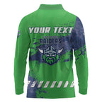 Personalised Canberra Raiders Rugby Long Sleeve Polo Shirt Viking Green Machine Mascot - Sporty Splash Art Style