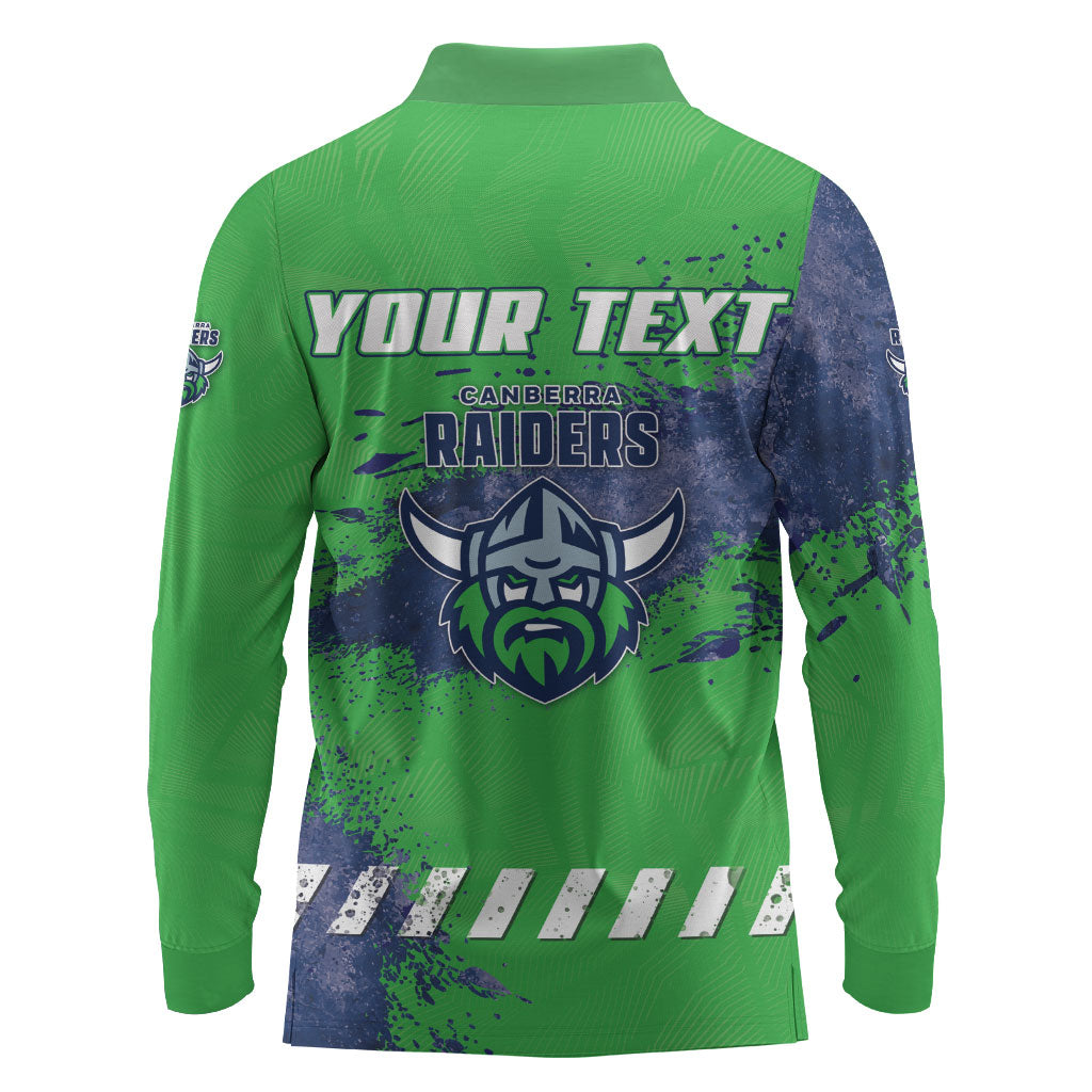 Personalised Canberra Raiders Rugby Long Sleeve Polo Shirt Viking Green Machine Mascot - Sporty Splash Art Style