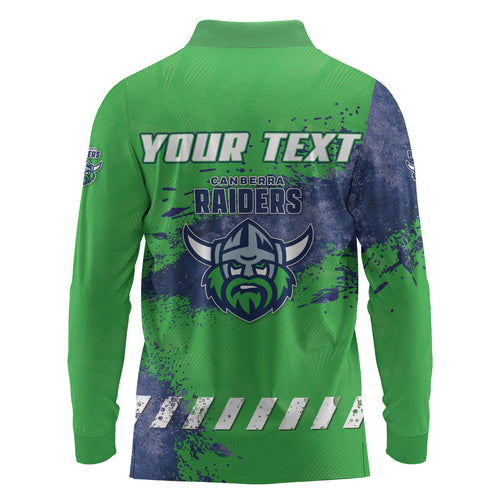 Personalised Canberra Raiders Rugby Long Sleeve Polo Shirt Viking Green Machine Mascot - Sporty Splash Art Style