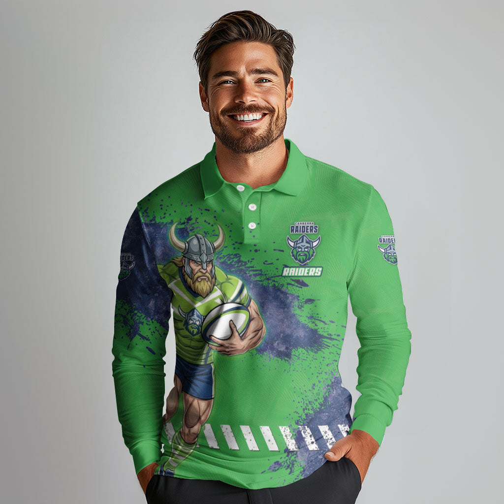Personalised Canberra Raiders Rugby Long Sleeve Polo Shirt Viking Green Machine Mascot - Sporty Splash Art Style