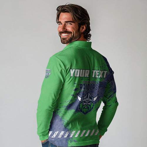 Personalised Canberra Raiders Rugby Long Sleeve Polo Shirt Viking Green Machine Mascot - Sporty Splash Art Style
