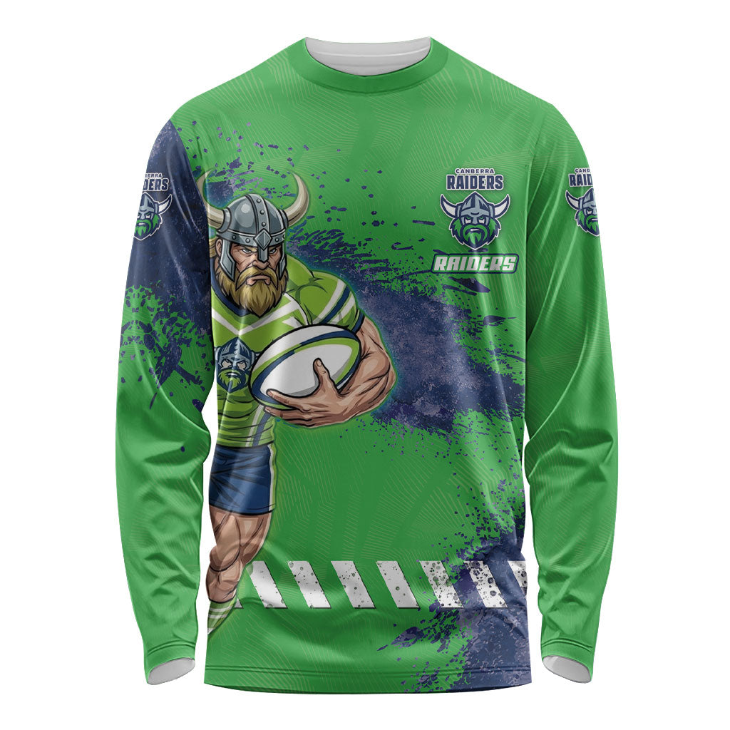 Personalised Canberra Raiders Rugby Long Sleeve Shirt Viking Green Machine Mascot - Sporty Splash Art Style