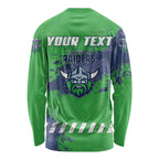 Personalised Canberra Raiders Rugby Long Sleeve Shirt Viking Green Machine Mascot - Sporty Splash Art Style