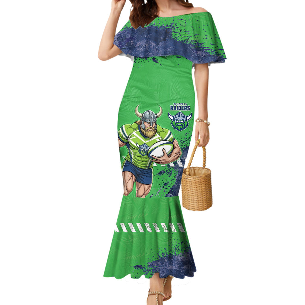 Personalised Canberra Raiders Rugby Mermaid Dress Viking Green Machine Mascot - Sporty Splash Art Style