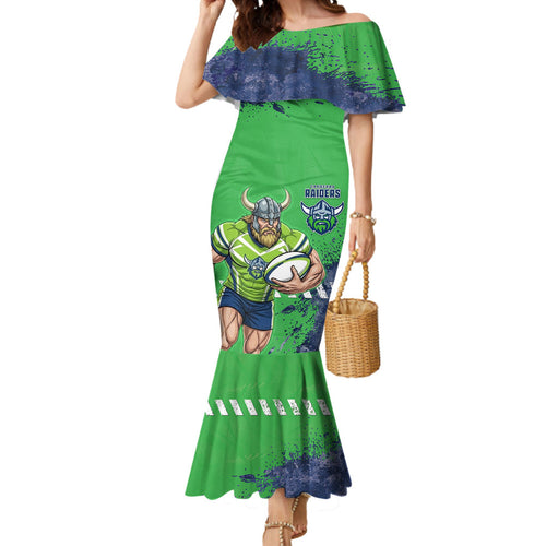 Personalised Canberra Raiders Rugby Mermaid Dress Viking Green Machine Mascot - Sporty Splash Art Style