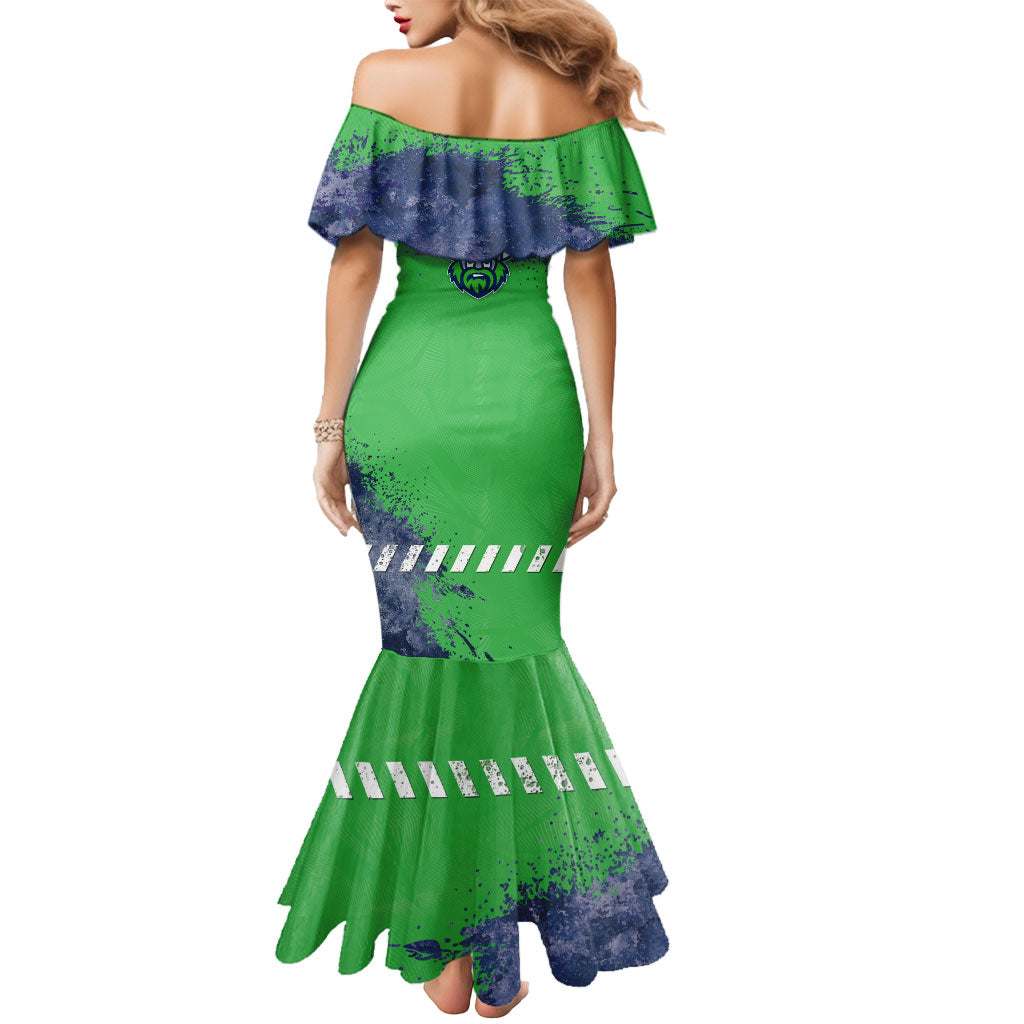 Personalised Canberra Raiders Rugby Mermaid Dress Viking Green Machine Mascot - Sporty Splash Art Style
