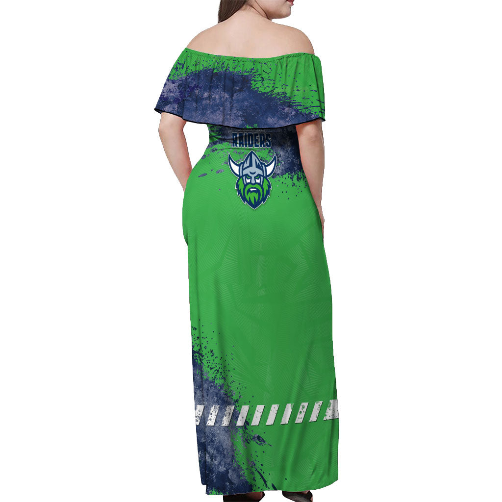 Personalised Canberra Raiders Rugby Off Shoulder Maxi Dress Viking Green Machine Mascot - Sporty Splash Art Style