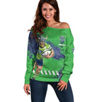 Personalised Canberra Raiders Rugby Off Shoulder Sweater Viking Green Machine Mascot - Sporty Splash Art Style