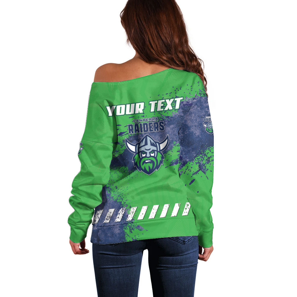 Personalised Canberra Raiders Rugby Off Shoulder Sweater Viking Green Machine Mascot - Sporty Splash Art Style