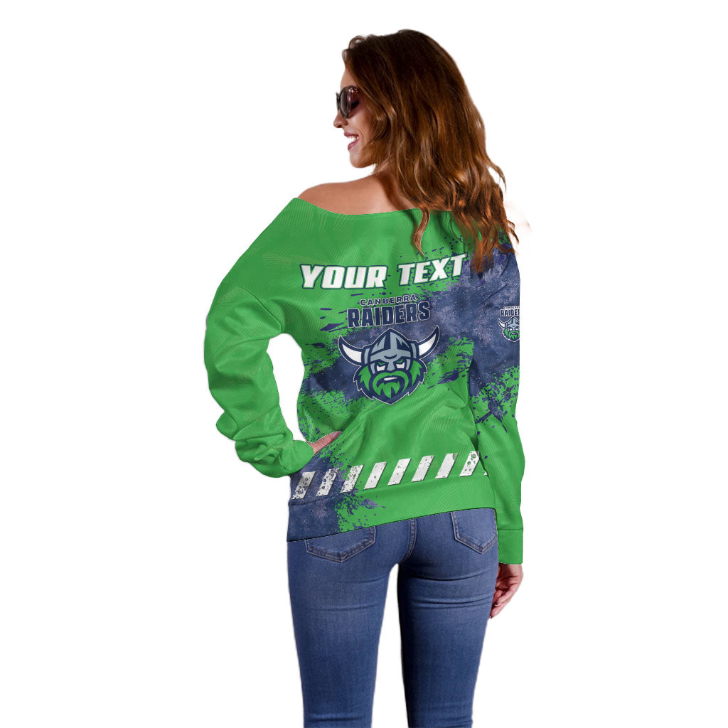 Personalised Canberra Raiders Rugby Off Shoulder Sweater Viking Green Machine Mascot - Sporty Splash Art Style