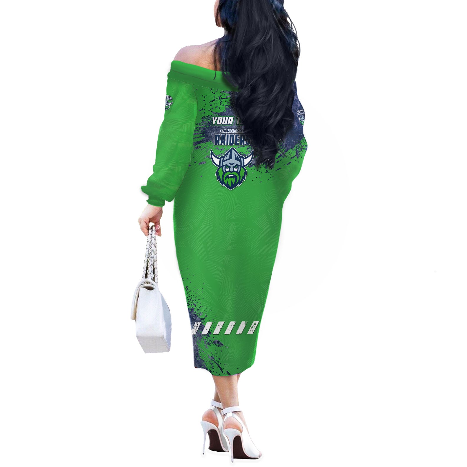 Personalised Canberra Raiders Rugby Off The Shoulder Long Sleeve Dress Viking Green Machine Mascot - Sporty Splash Art Style