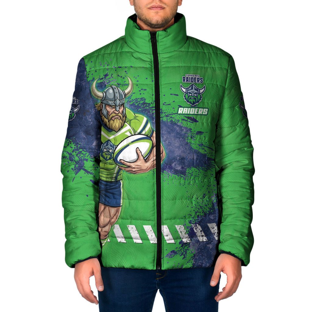 Personalised Canberra Raiders Rugby Padded Jacket Viking Green Machine Mascot - Sporty Splash Art Style