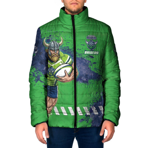 Personalised Canberra Raiders Rugby Padded Jacket Viking Green Machine Mascot - Sporty Splash Art Style