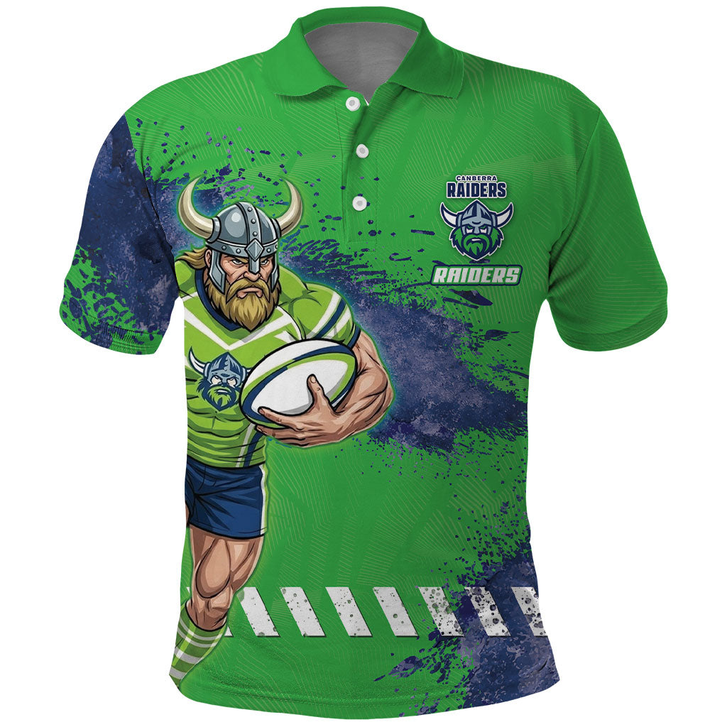 Personalised Canberra Raiders Rugby Polo Shirt Viking Green Machine Mascot - Sporty Splash Art Style