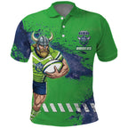 Personalised Canberra Raiders Rugby Polo Shirt Viking Green Machine Mascot - Sporty Splash Art Style