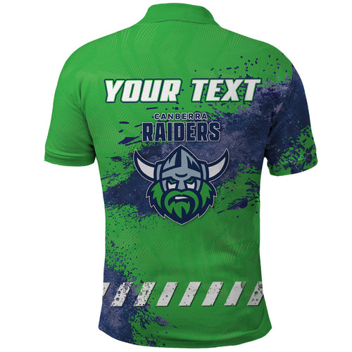 Personalised Canberra Raiders Rugby Polo Shirt Viking Green Machine Mascot - Sporty Splash Art Style