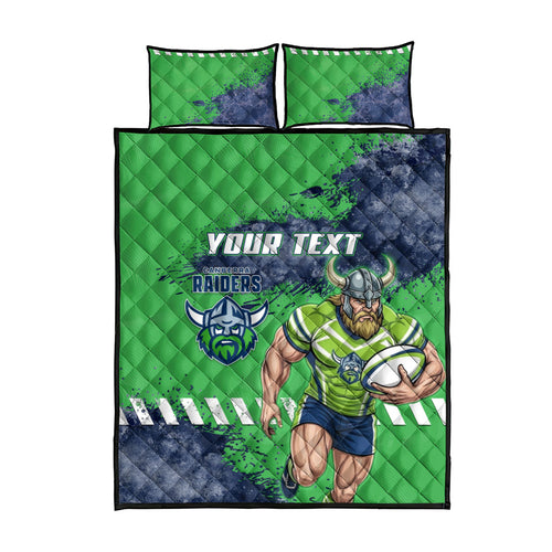 Personalised Canberra Raiders Rugby Quilt Bed Set Viking Green Machine Mascot - Sporty Splash Art Style