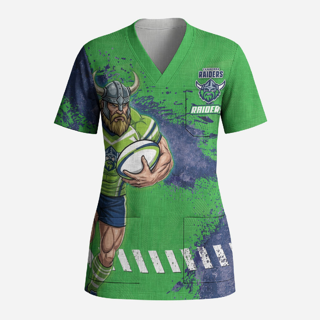Personalised Canberra Raiders Rugby Scrub Top Viking Green Machine Mascot - Sporty Splash Art Style