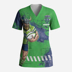 Personalised Canberra Raiders Rugby Scrub Top Viking Green Machine Mascot - Sporty Splash Art Style