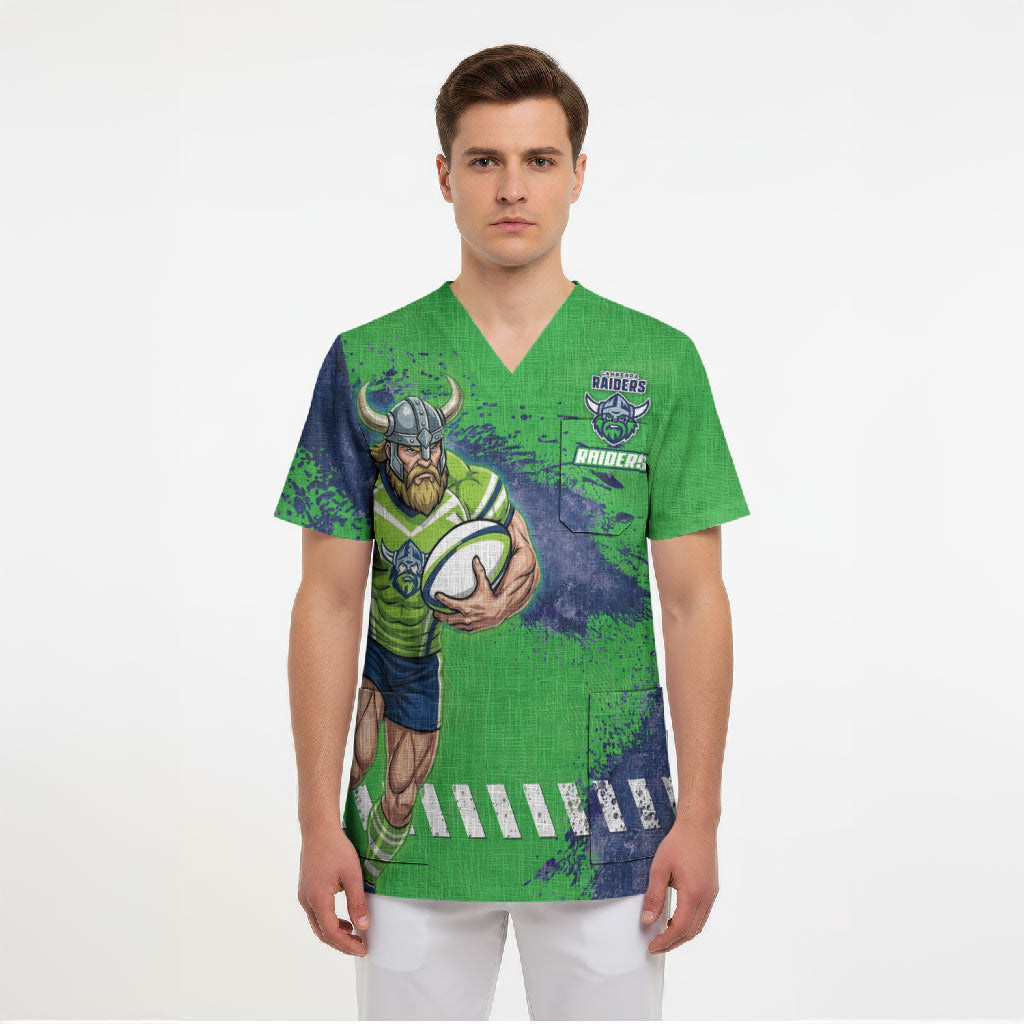 Personalised Canberra Raiders Rugby Scrub Top Viking Green Machine Mascot - Sporty Splash Art Style