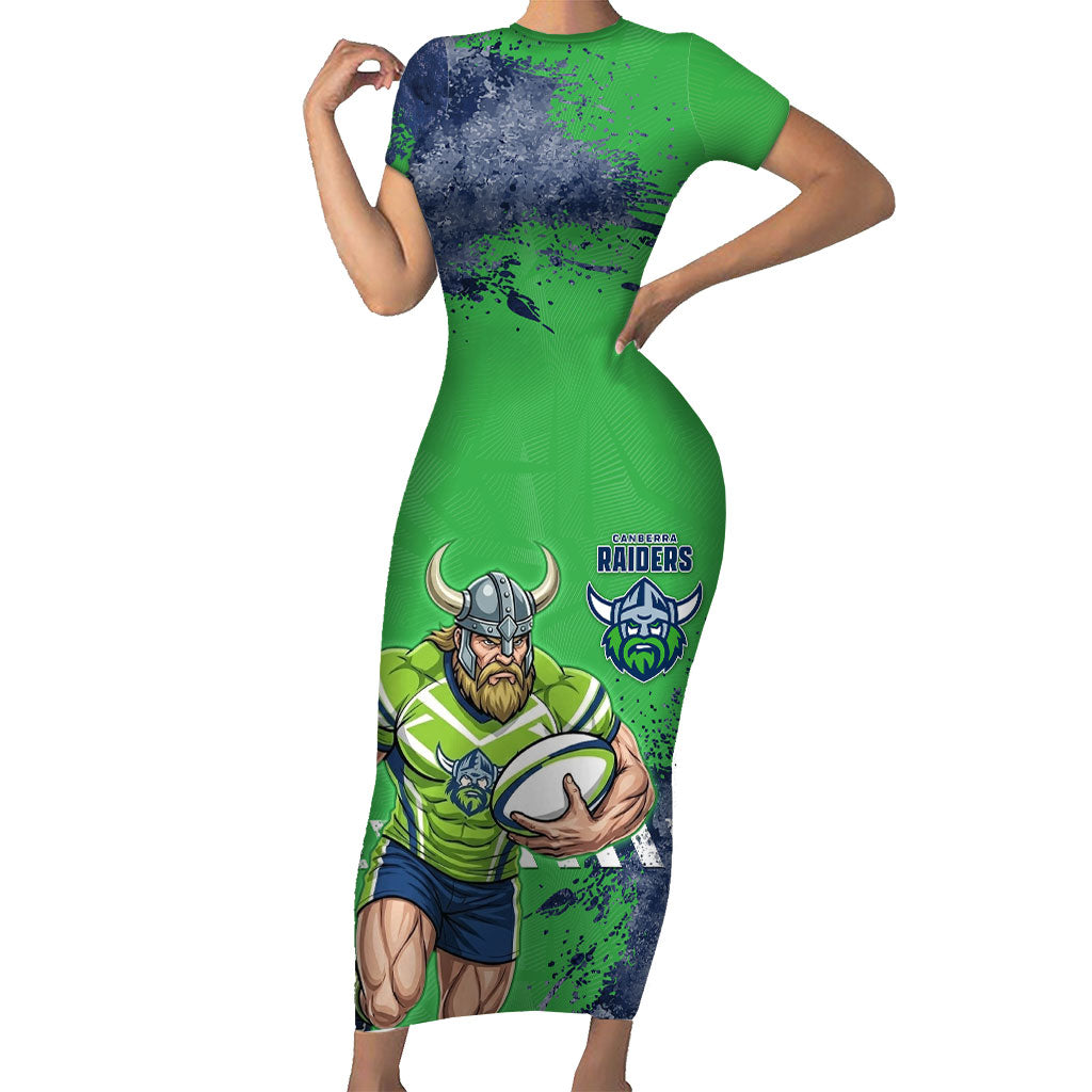 Personalised Canberra Raiders Rugby Short Sleeve Bodycon Dress Viking Green Machine Mascot - Sporty Splash Art Style