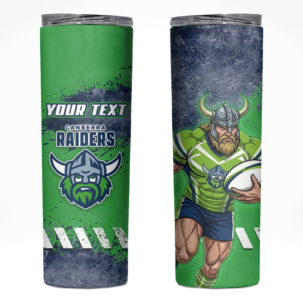 Personalised Canberra Raiders Rugby Skinny Tumbler Viking Green Machine Mascot - Sporty Splash Art Style