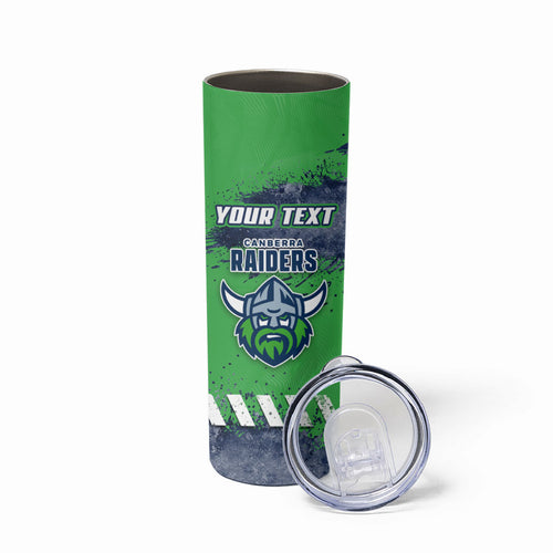 Personalised Canberra Raiders Rugby Skinny Tumbler Viking Green Machine Mascot - Sporty Splash Art Style