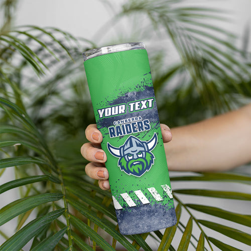Personalised Canberra Raiders Rugby Skinny Tumbler Viking Green Machine Mascot - Sporty Splash Art Style