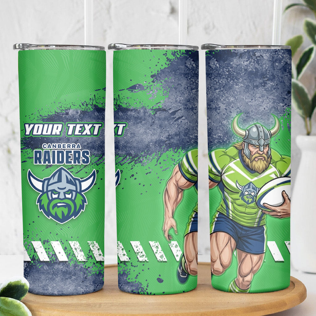 Personalised Canberra Raiders Rugby Skinny Tumbler Viking Green Machine Mascot - Sporty Splash Art Style