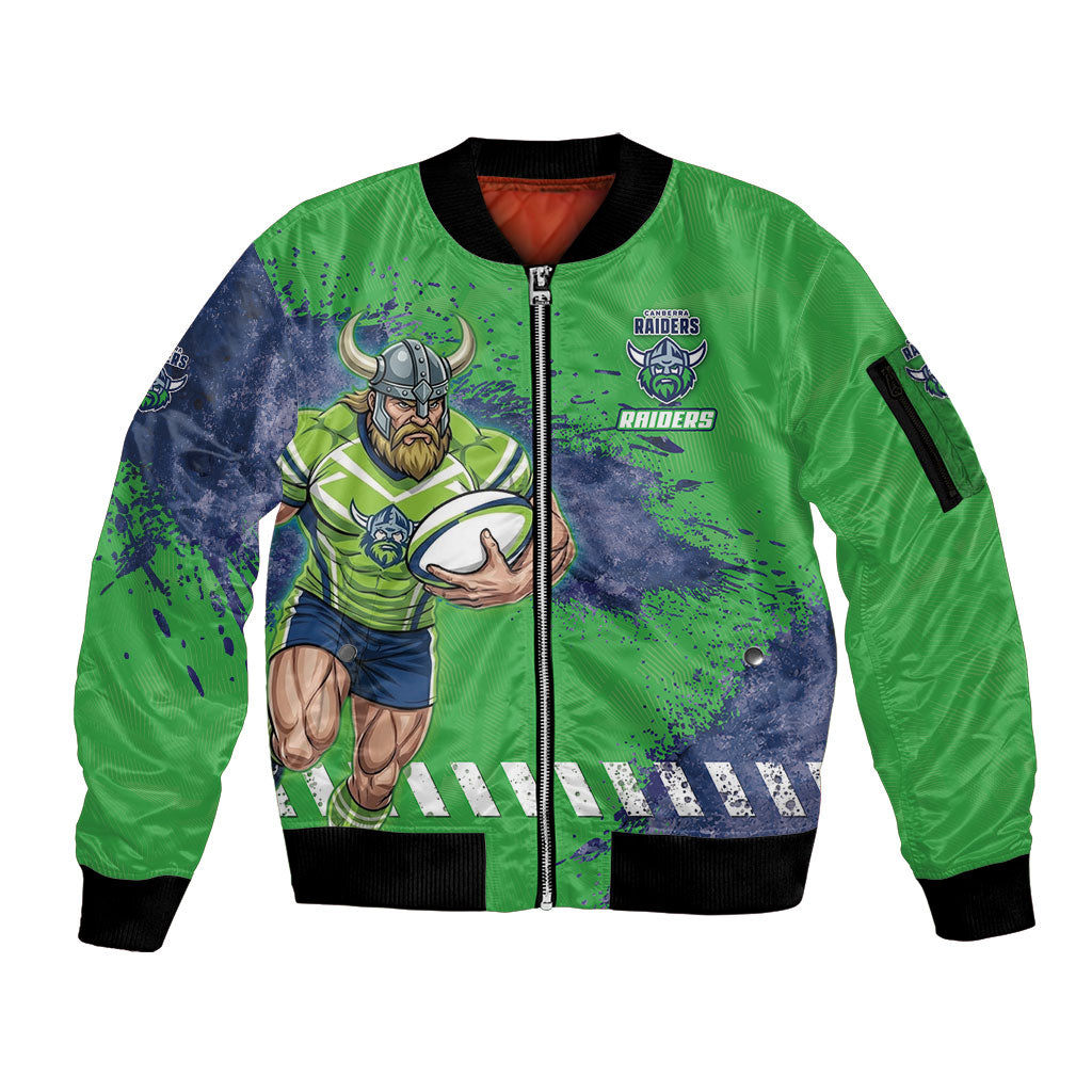 Personalised Canberra Raiders Rugby Sleeve Zip Bomber Jacket Viking Green Machine Mascot - Sporty Splash Art Style