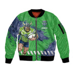Personalised Canberra Raiders Rugby Sleeve Zip Bomber Jacket Viking Green Machine Mascot - Sporty Splash Art Style