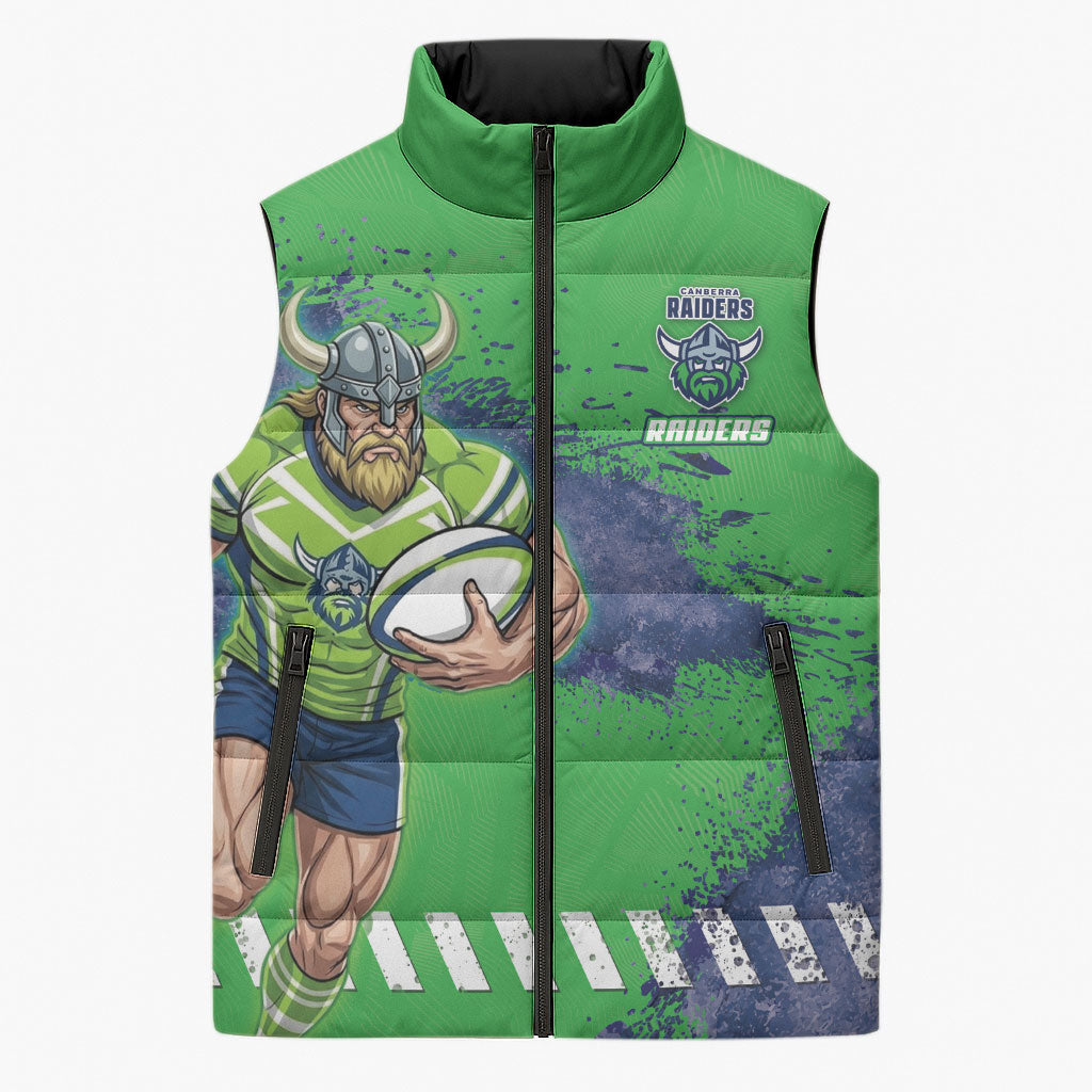 Personalised Canberra Raiders Rugby Sleeveless Puffer Jacket Viking Green Machine Mascot - Sporty Splash Art Style