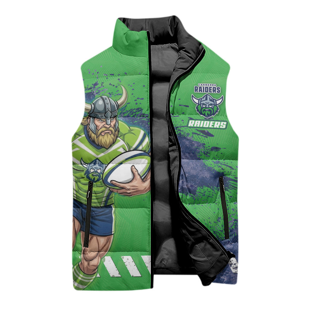 Personalised Canberra Raiders Rugby Sleeveless Puffer Jacket Viking Green Machine Mascot - Sporty Splash Art Style