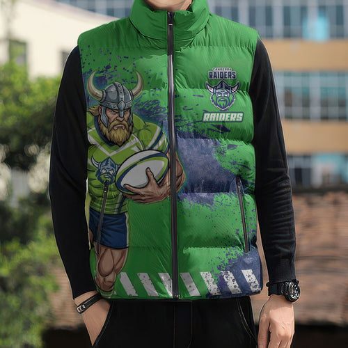 Personalised Canberra Raiders Rugby Sleeveless Puffer Jacket Viking Green Machine Mascot - Sporty Splash Art Style