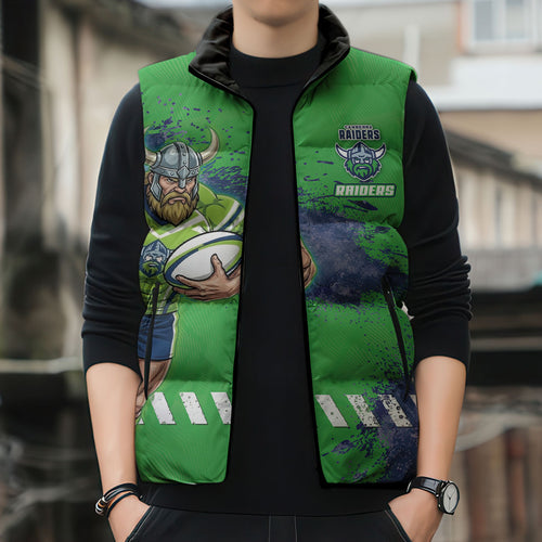 Personalised Canberra Raiders Rugby Sleeveless Puffer Jacket Viking Green Machine Mascot - Sporty Splash Art Style