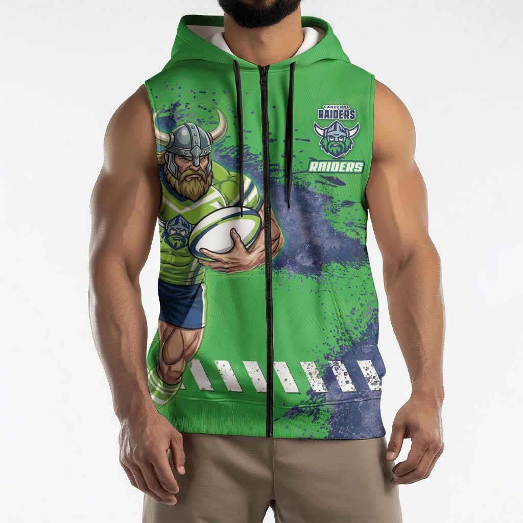 Personalised Canberra Raiders Rugby Sleeveless Zip Hoodie Viking Green Machine Mascot - Sporty Splash Art Style