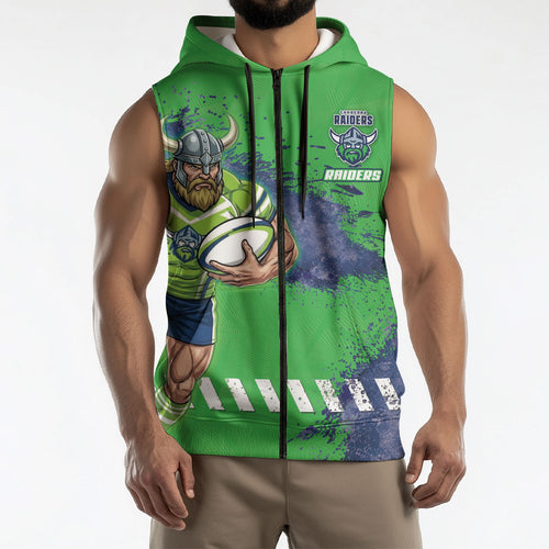 Personalised Canberra Raiders Rugby Sleeveless Zip Hoodie Viking Green Machine Mascot - Sporty Splash Art Style