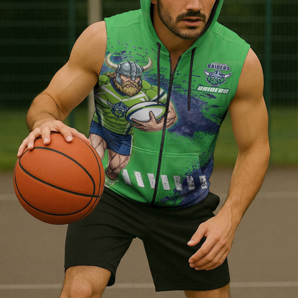Personalised Canberra Raiders Rugby Sleeveless Zip Hoodie Viking Green Machine Mascot - Sporty Splash Art Style