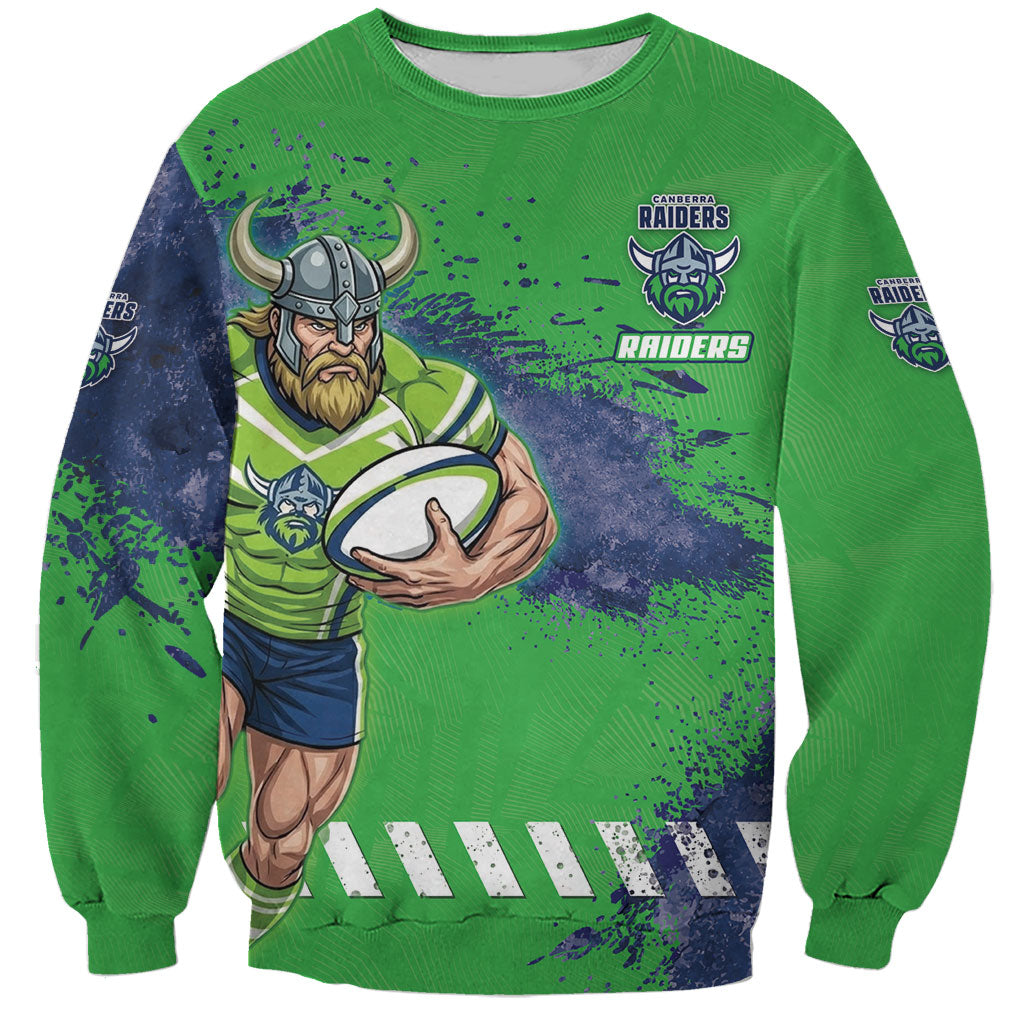 Personalised Canberra Raiders Rugby Sweatshirt Viking Green Machine Mascot - Sporty Splash Art Style