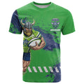Personalised Canberra Raiders Rugby T Shirt Viking Green Machine Mascot - Sporty Splash Art Style