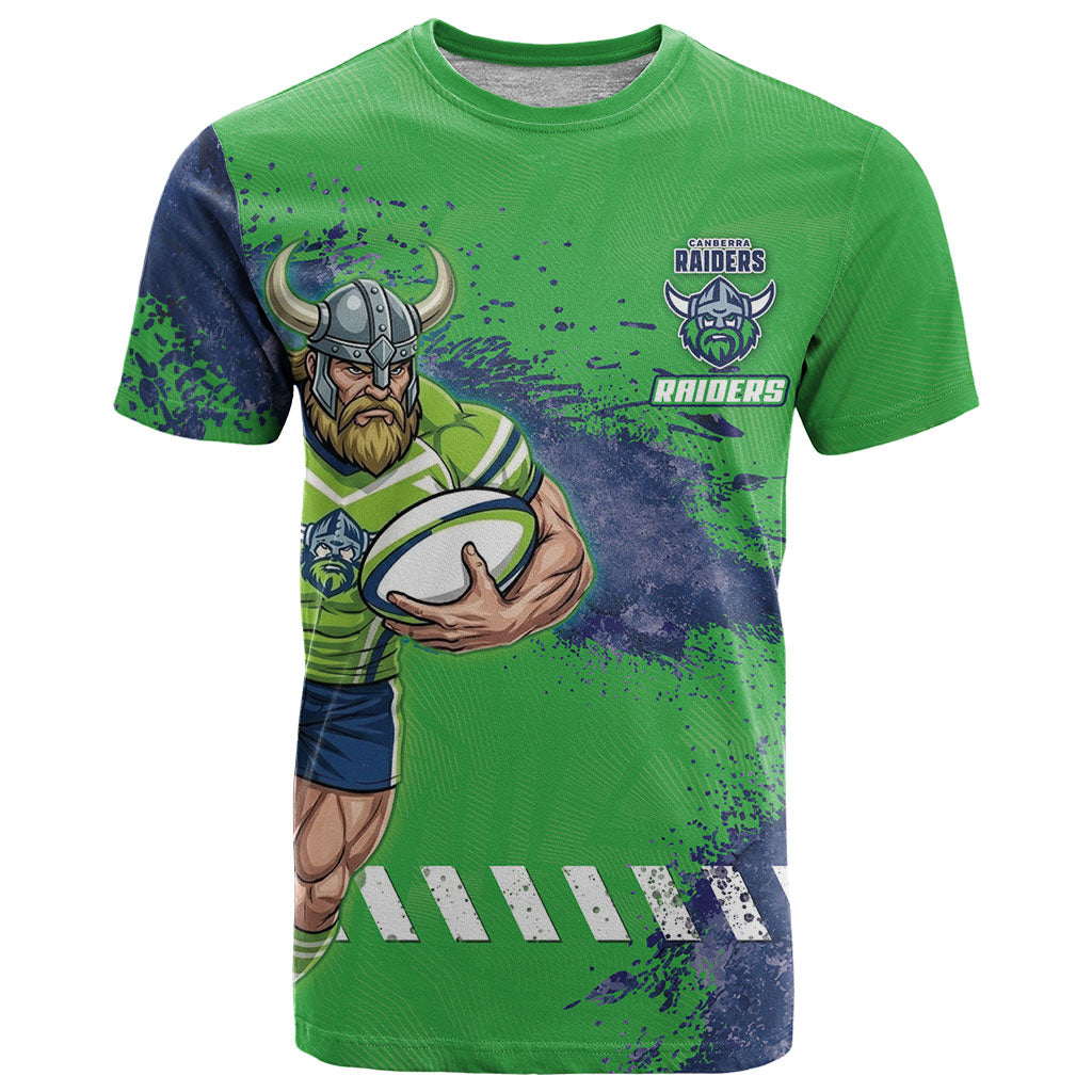 Personalised Canberra Raiders Rugby T Shirt Viking Green Machine Mascot - Sporty Splash Art Style